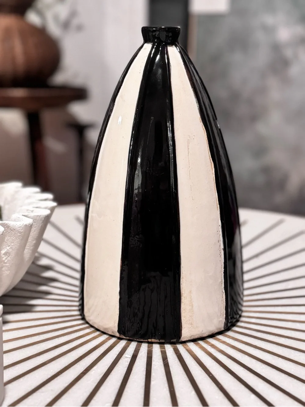 Rare  Studio Pottery Vase: Black & White Striped Mid-Century Modern Decor 11.5”